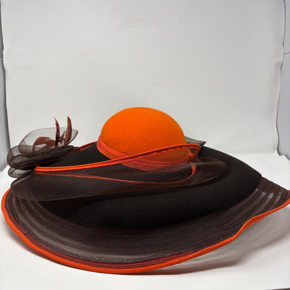 Vintage Bellini New York 100% Wool Felt Derby Church Hat Orange Black Wide Brim - Picture 10 of 13